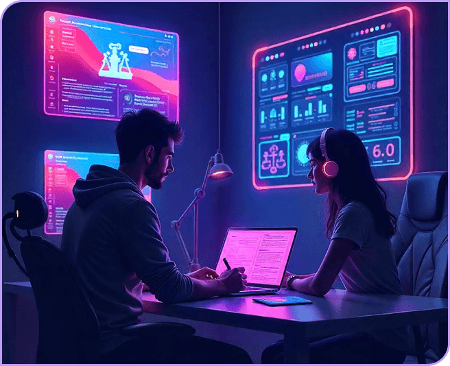 Two people are sitting at a table in front of a laptop